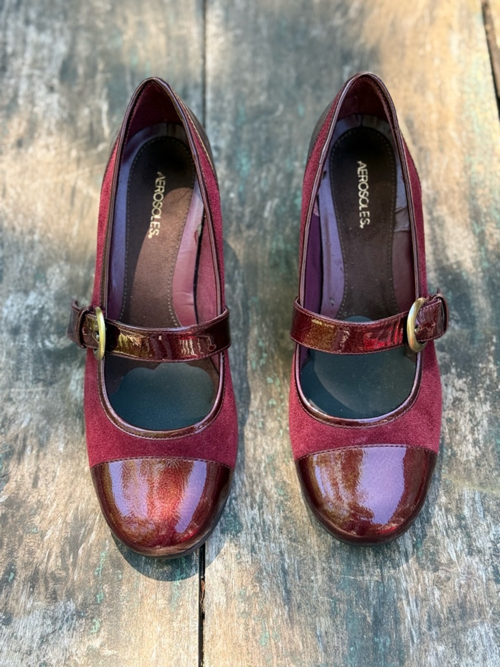 Aerosoles Maroon Suede Patent Leather Mary Jane Pumps Buckle Strap Size 8.5 EUC